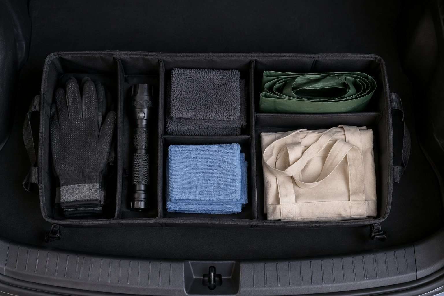 Organizador flexible con guantes, linterna, paños y bolsas reutilizables separados por compartimentos.
